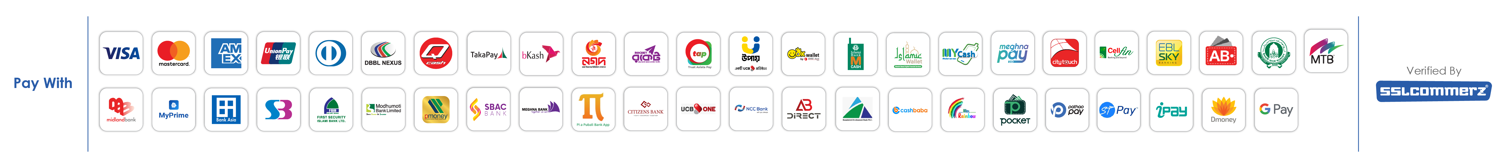 Pay securely with SSLCommerz — Visa, Mastercard, American Express, bKash, Nagad, Rocket, internet banking and more